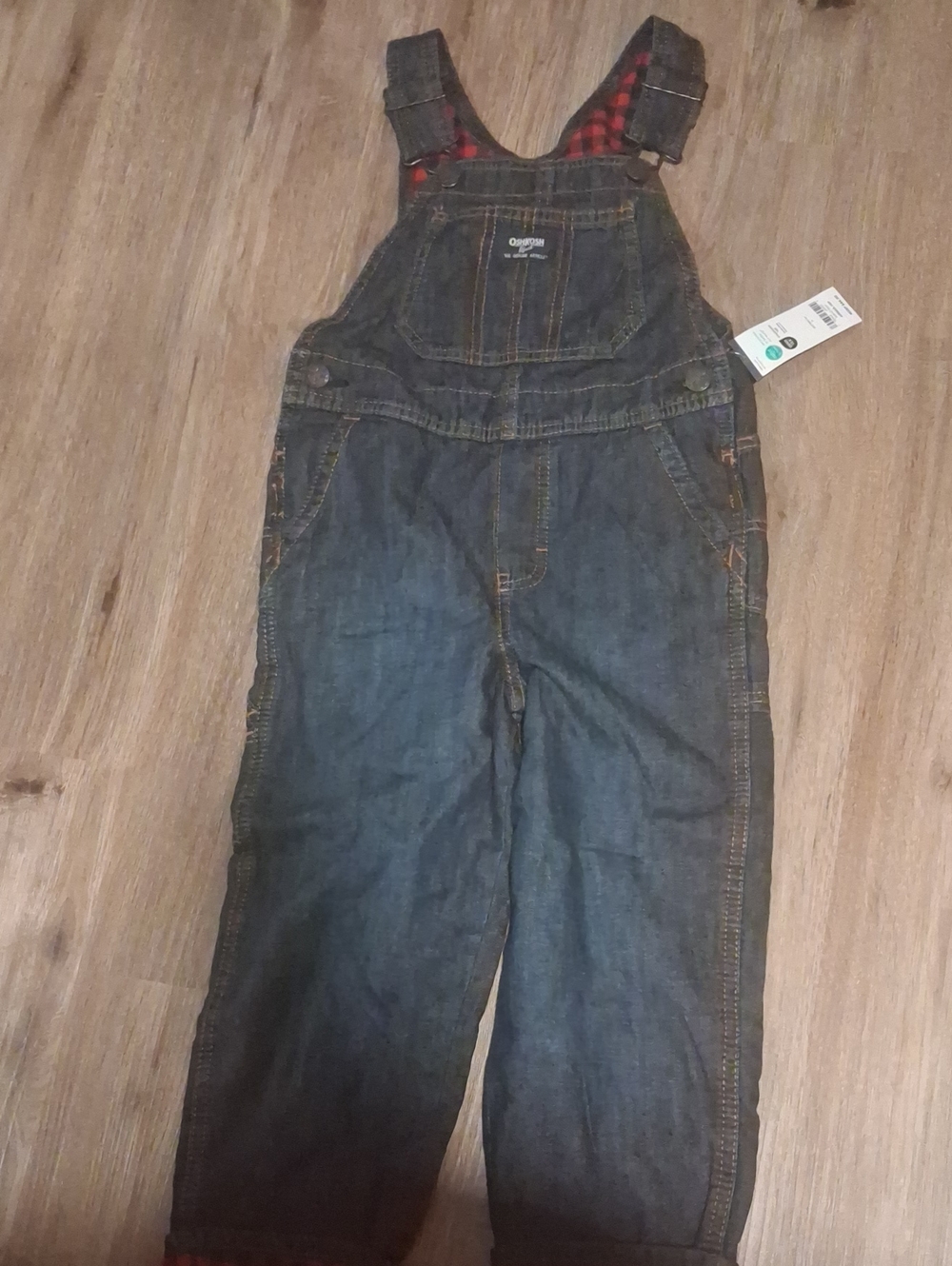 5T Nwt OshKosh Denim Overalls with Red Plaid Lining